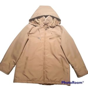 London Fog Faux Fur Lined Canvas Hooded Coat Beige Size L/XL